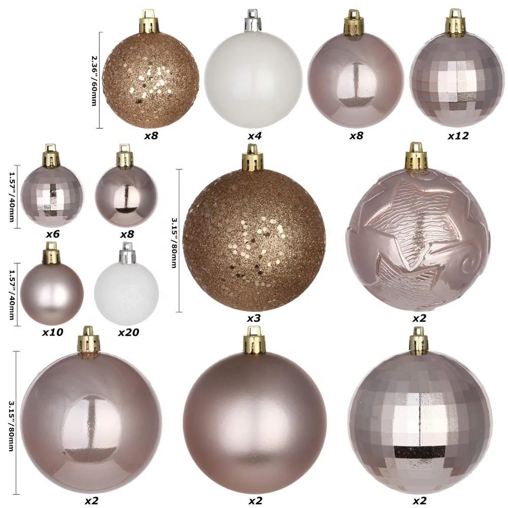 Personalized Christmas Tree Decoration Hanging Bauble Set 87ct Assorted Shatterproof Plastic Rose Gold Christmas Ball Ornaments