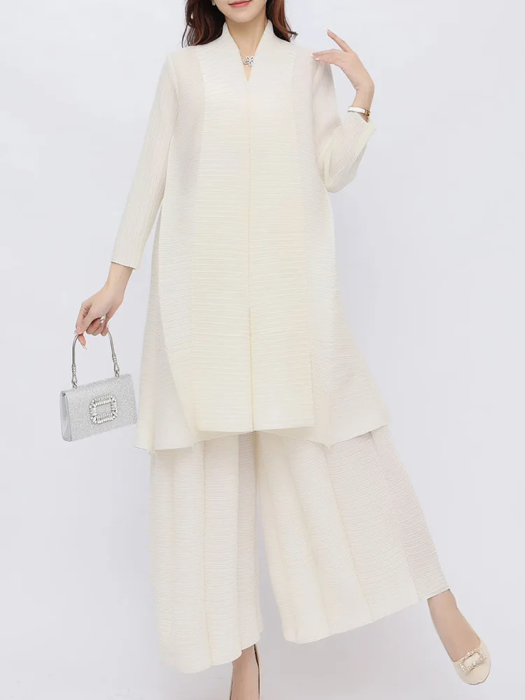 Miyake Plus Size Pleated Set Female 2024 New Casual Fashion Loose Top Wide-leg Pants Women Pleated Two-piece Set