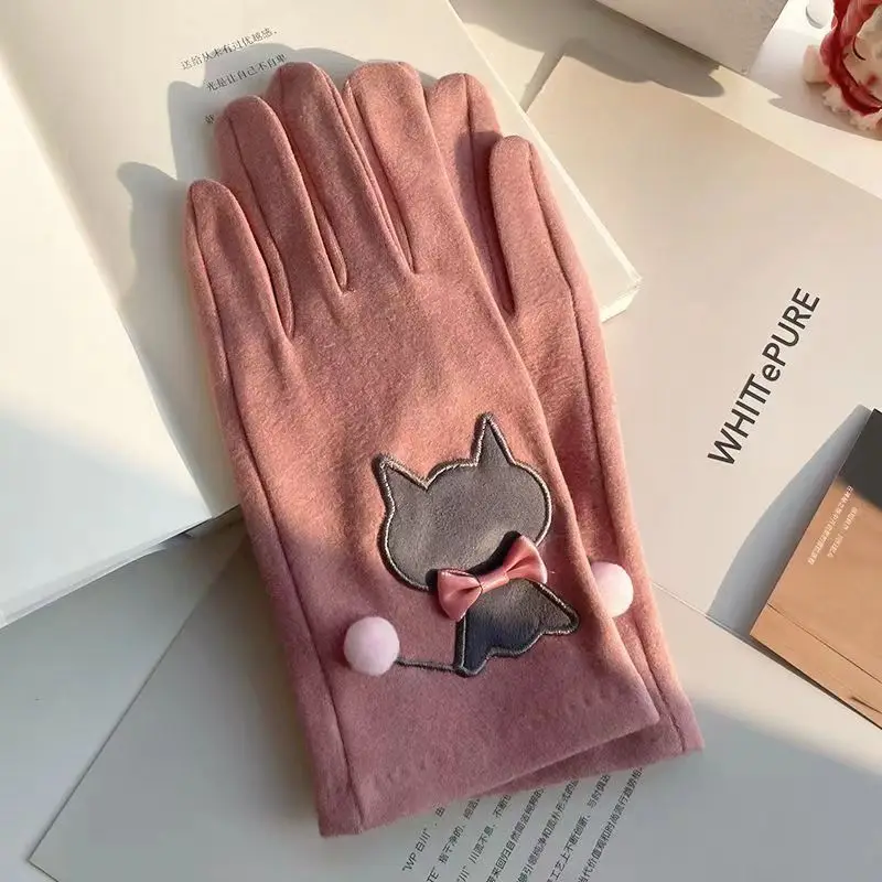 Fall Winter Ladies Faux Suede Glove with Cat Applique Embroidery and Bow Trim