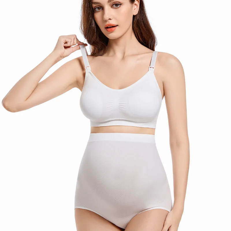 668+855Seamless high waist underwear set lactation bra open button no wire no trace breathable underwear lift hip maternity wear