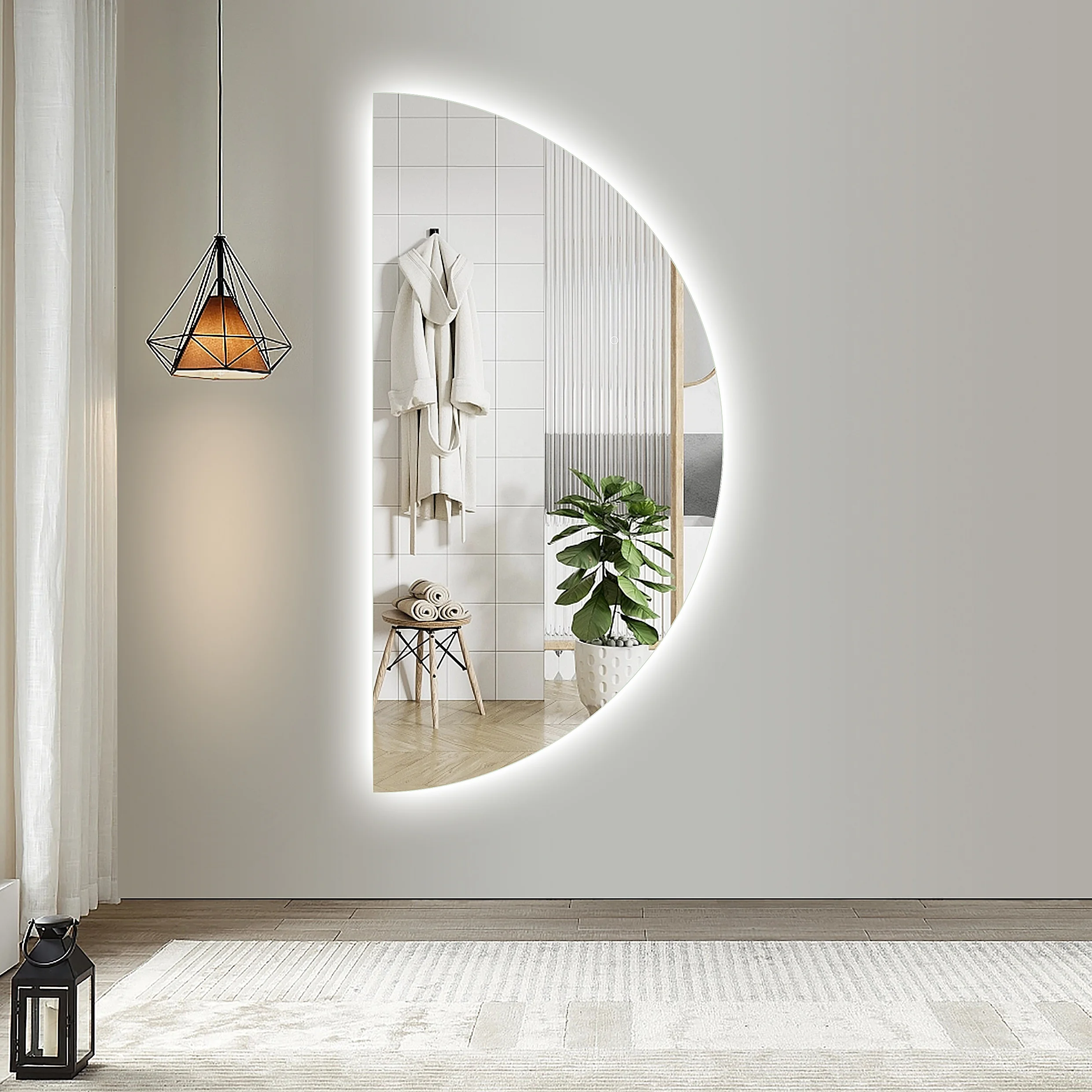 Modern Home Decor Waterproof Silver Mirror Half Moon LED Light Anti-Fog Smart Wall Bathroom Mirror with Touch Sensor Switch