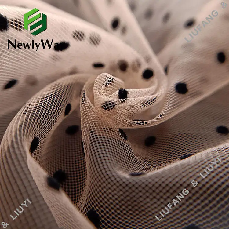 wholesale high quality tulle fabric Black polka dot flocked nylon mesh fabric for skirts garment