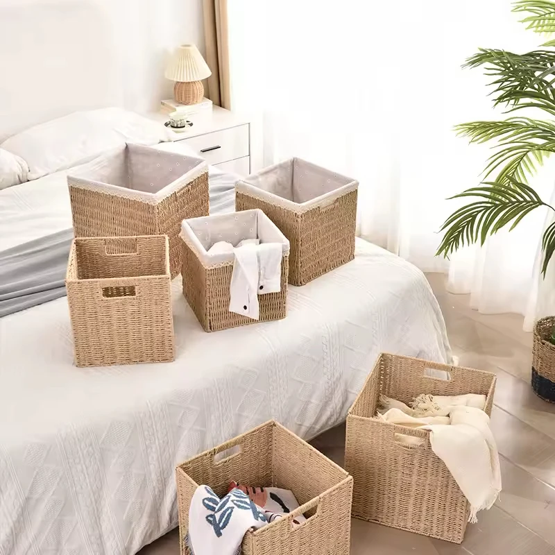 Хит продаж Плетеная соломенная складная бумажная веревка тканая игрушка для хранения одежды корзина еды с ручкой