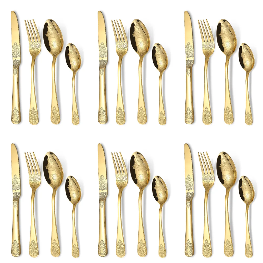 Luxury fancy 1010 stainless steel 304(18/10) silverware gold dinner knife spoon fork set cuttlery cutlery set wholesale