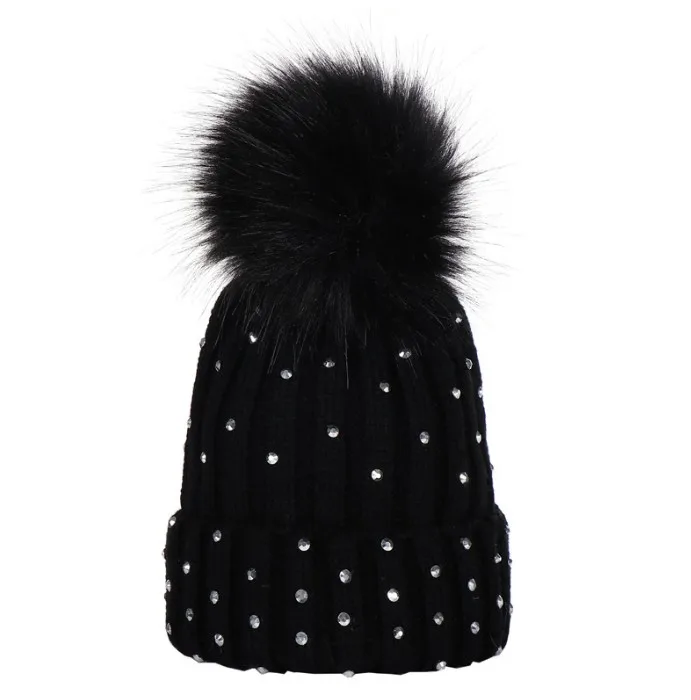 New design children big pompom ball wool winter hat rhinestone wholesale fashion knit baby kids diamond hats