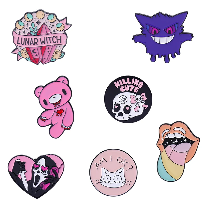 Custom witch bear tongue ghost call brooches pink punk enamel pins lapel badges gothic Halloween cartoon gift for friends