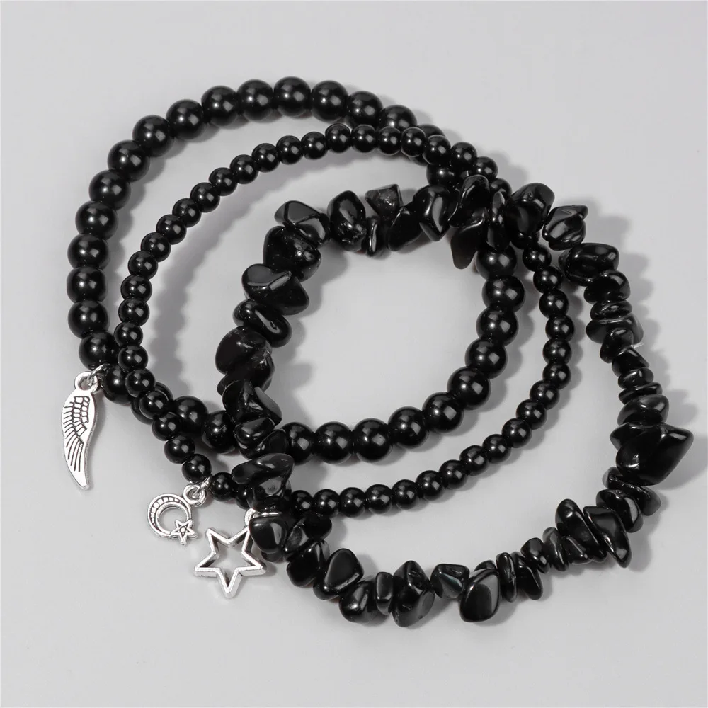 3PCS a Set Natural Stone Bracelet Set for Women Fine Jewelry Star Leaf Charm Pendant Multilayer Elastic Healing Beaded Bracelets