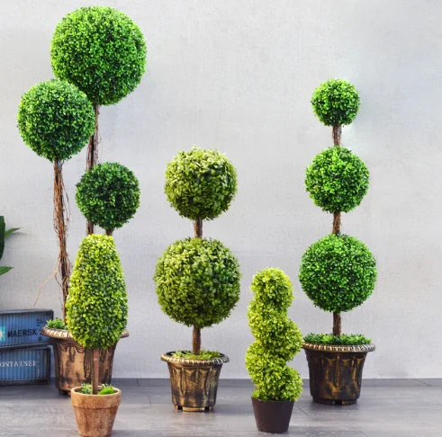 Small Green Potted Faux Plastic Plants Artificial Boxwood Hedge Topiary Ball Bonsai Tree