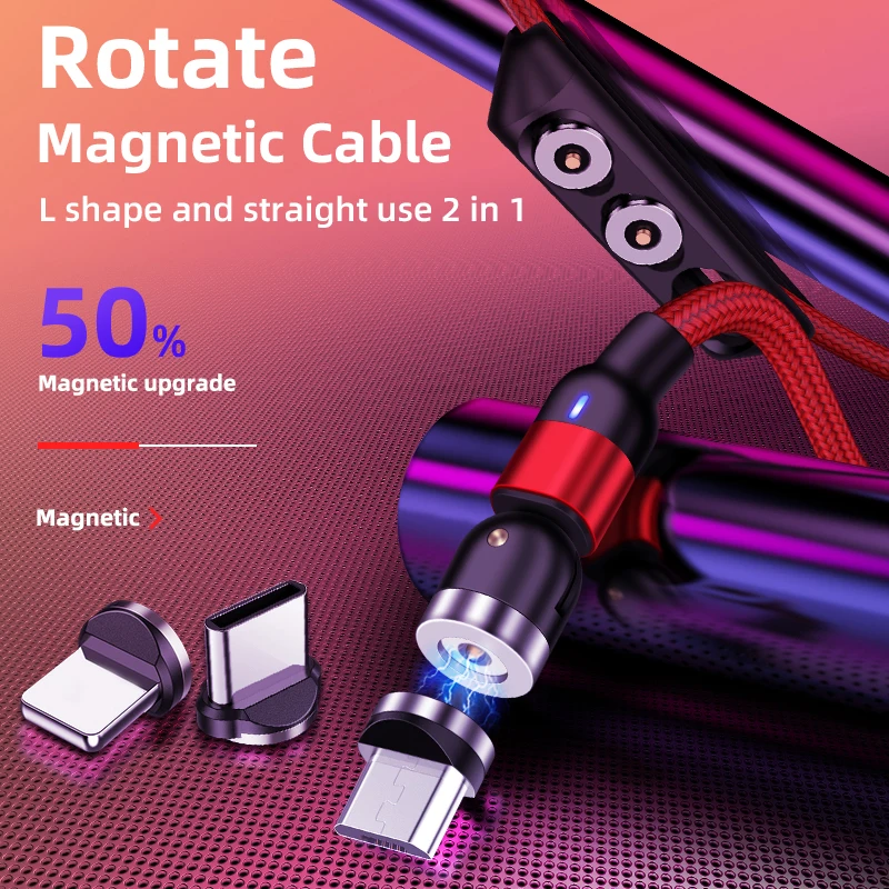 3A Fast Magnetic Charger 3 In 1 Fast Charging Cable L Shape & Straight 540 Degree Rotating Usb Data Cable