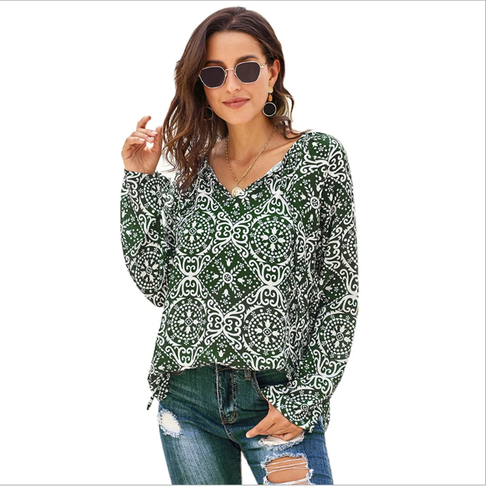 
Women Blouses Casual Loose Floral Print V Neck Long Sleeve Shirts Blouses Lady Tops 