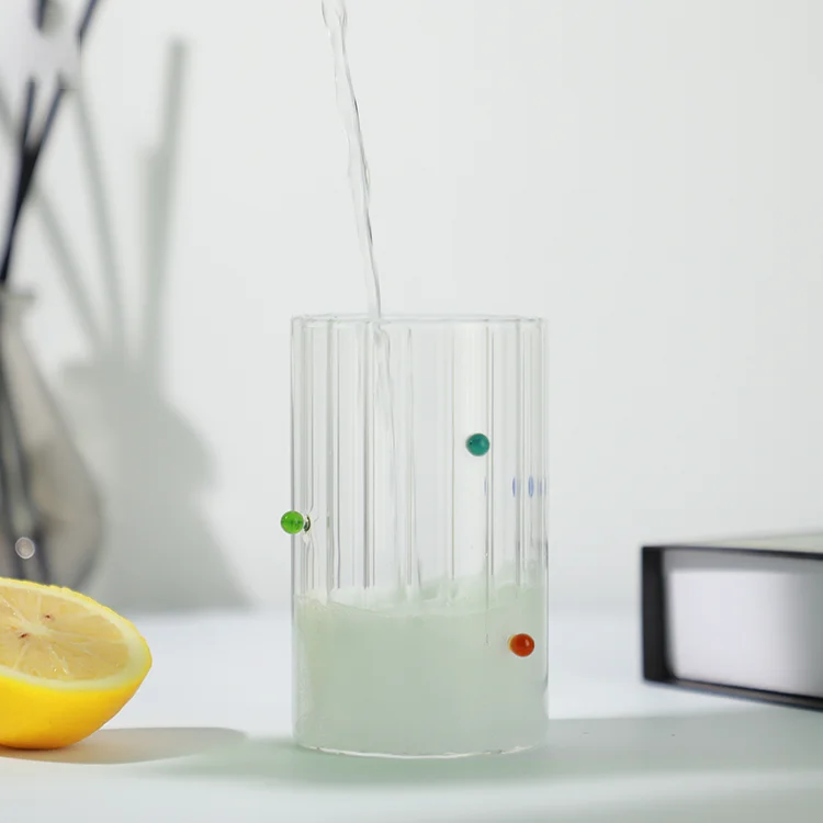 Custom Design Reusable Drinking Borosilicate Glass Cup Striped glass coffee mug with Colored glass bead