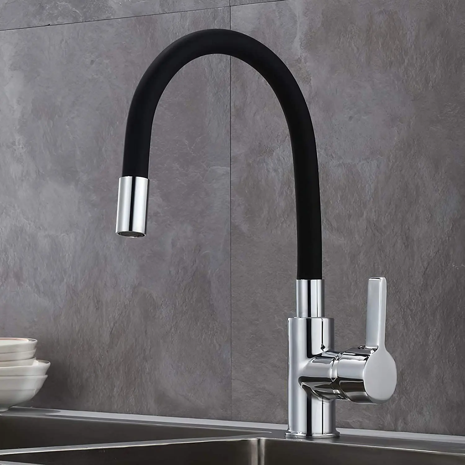 Single Lever Deck Mounted Swiving Silicon Spout Goose Neck Kitchen Faucet