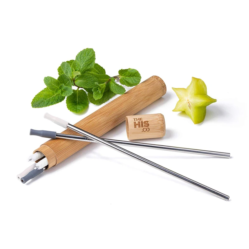 Набор многоразовых трубочек для напитков из нержавеющей стали | 4 металлические соломинки с хлопковыми чистящими щетками силиконовые наконечники бамбуковый Дорожный