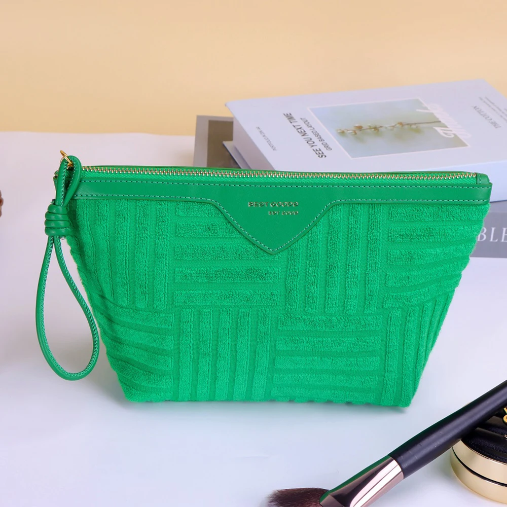 High quality fashion custom logo unique women small makeup bag soft terry cloth pouch towel cosmetic bag