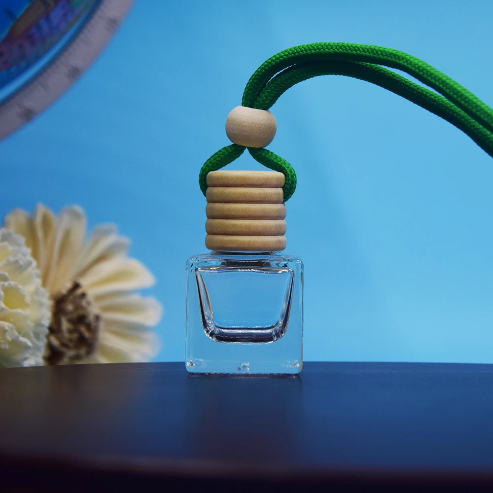 KG Wholesale Xuzhou 8ml Square Car Diffuser Bottle with wooden cover Clear or Custom Color with Low MOQ
