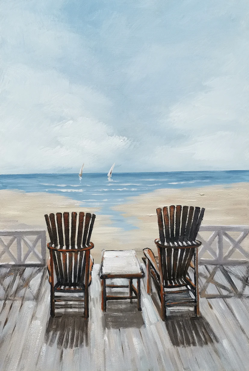 Coastal Canvas Wall Art Beach Chair Art Handmade Oil Painting Seascape Painting For Bathroom Home Wall Decor