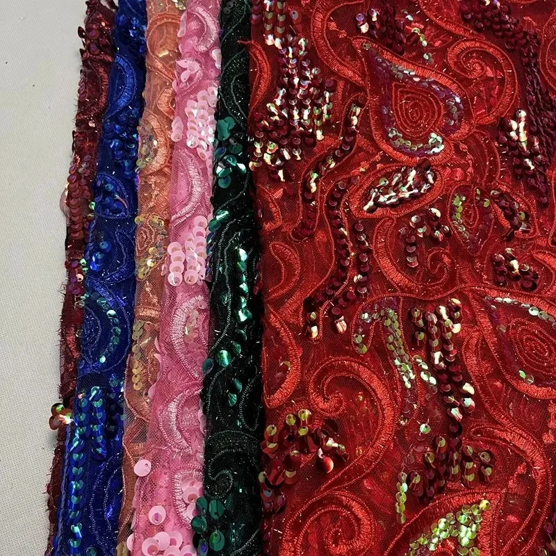 Heavy Weight Border Lace Embroidery Sequin Metallic Fabric Embroidery Velvet Fabric