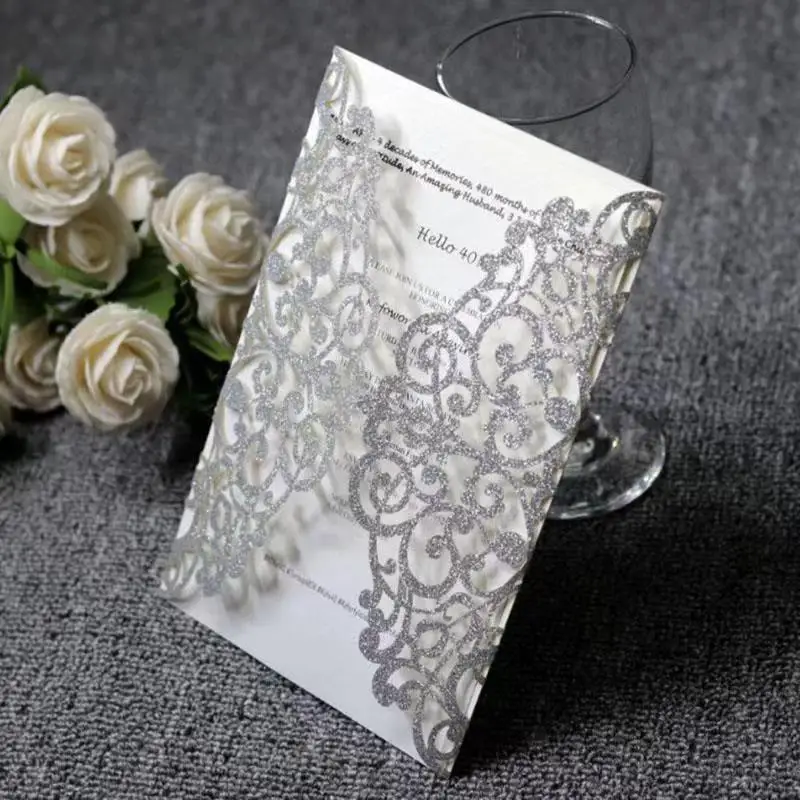 Laser Cut Wedding Invitations Cards Pearl Paper Inner Wedding Greeting Card with Ribbon Event Party Supplies