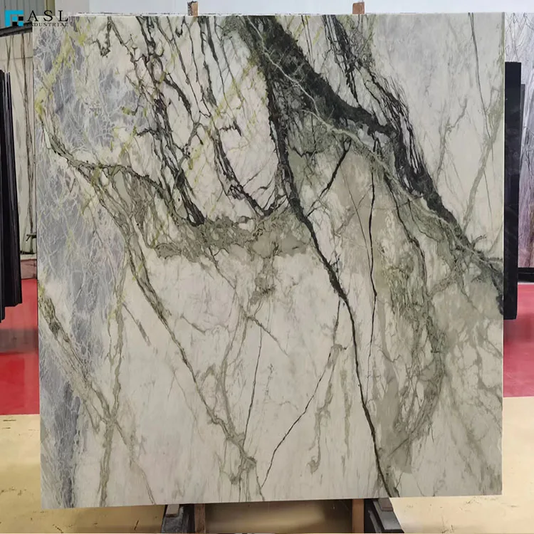Cyan-White Bookmatch Marble Wall Tile Green Veins Orchid Jade White Marble Tiles