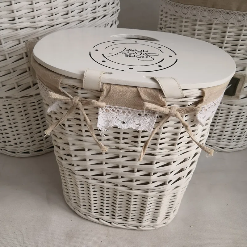 Modern Nordic style wicker woven laundry basket 3-piece stackable storage laundry basket with wooden cover