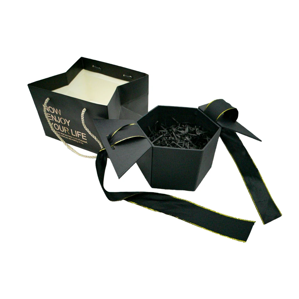 Heart box beauty gift packaging with ribbon gift bags set custom logo black cardboard box
