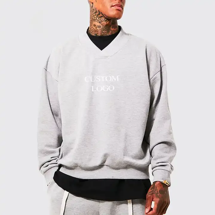 Wholesale High Quality Grey French Terry Cut And Sew Rib Hem Hoodie Drop Shoulder Design V Neck Sweatshirt For Men