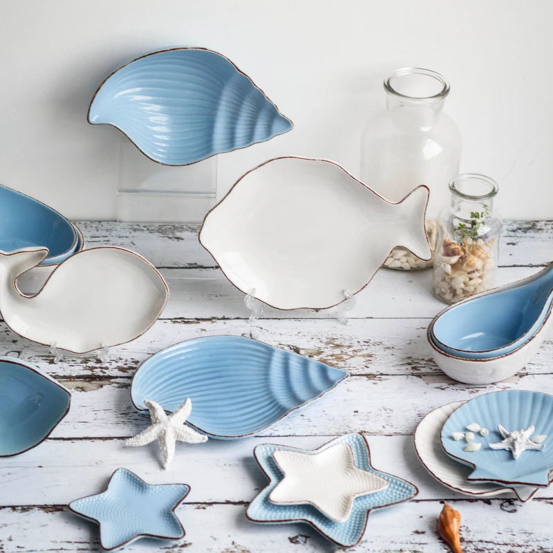 Household Mini Candy Snacks Serving Dish Ceramic Tableware Restaurant Ocean Irregular Shape White And Blue Plate