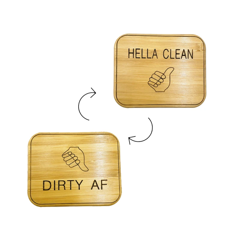 Custom Round Or Square Double Sides Dishwasher Sign Reversible bamboo Laser engraving Dishwasher Magnet Clean Dirty Sign