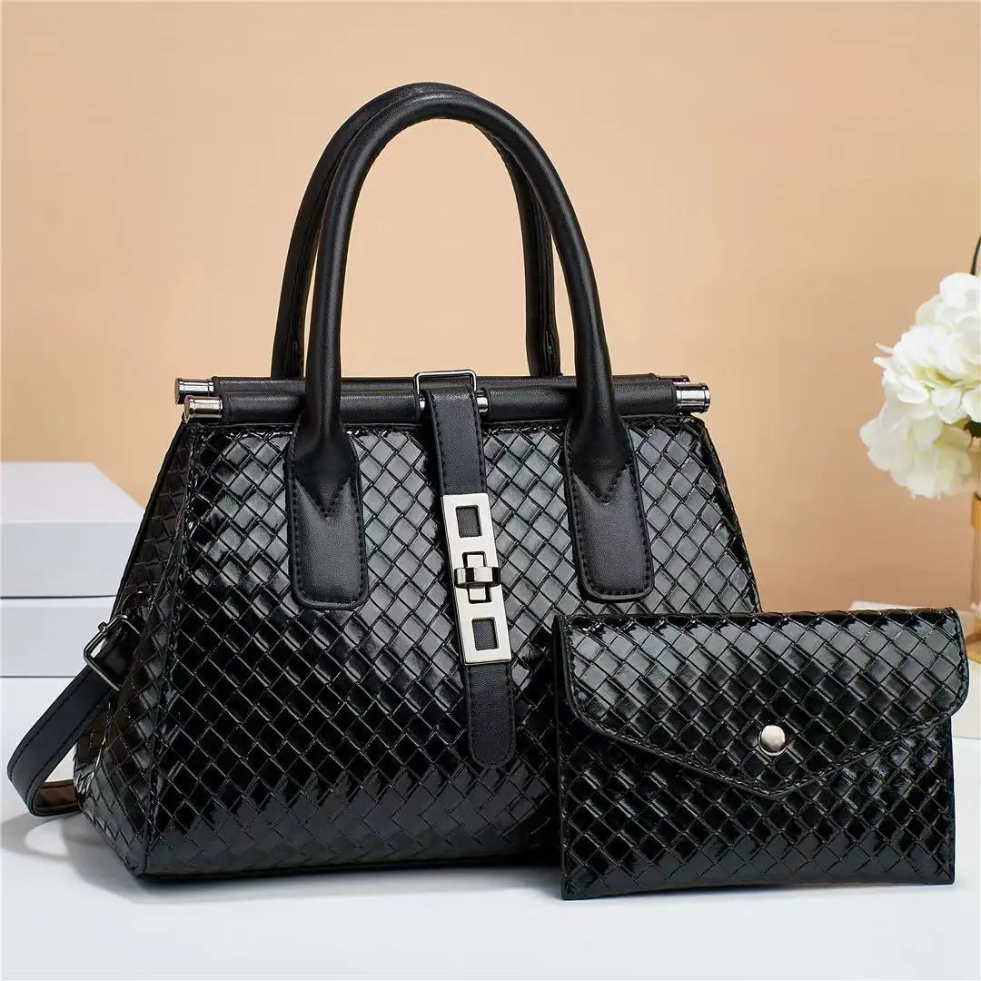 Wholesale woven women purse and handbag fashion shoulder pu leather hand bag set