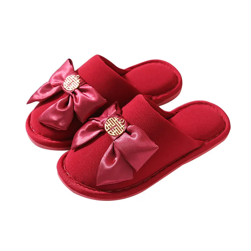 Red Polyester Plush fur Outdoor Indoor Winter Wedding Bow Knot Happiness Warm Slippers for Woman