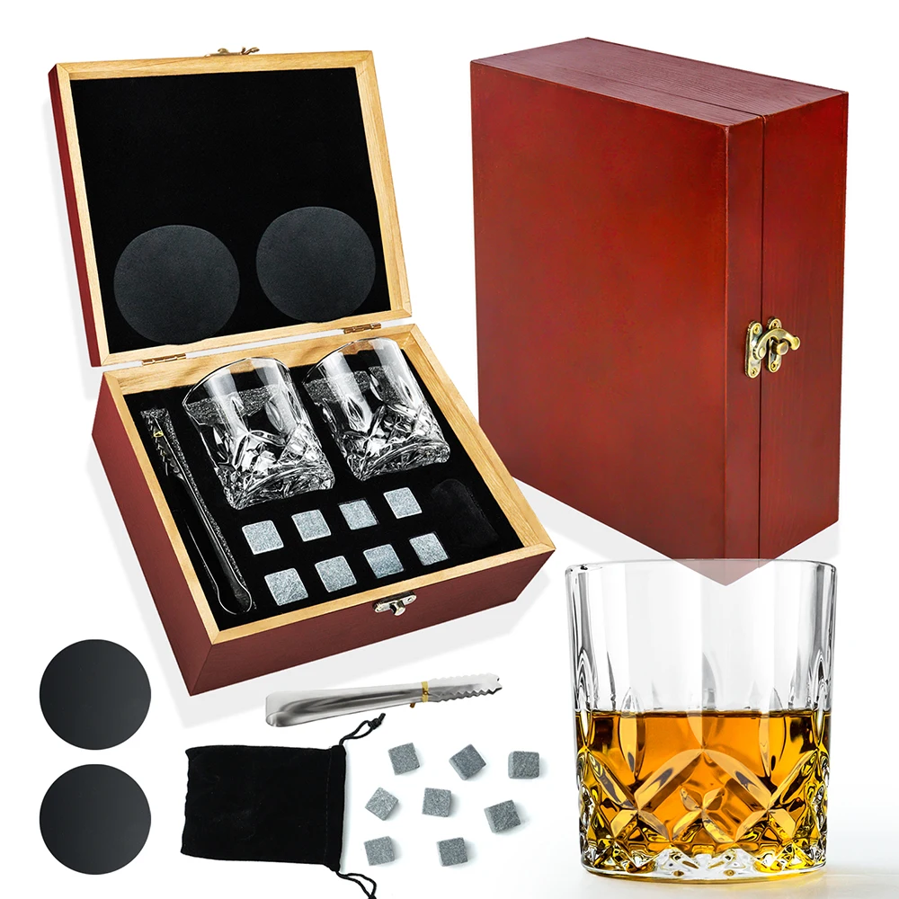 Hot Selling Bar Accessories Cooling Chilling Ice Cubes Whiskey Stones Gift Set With 2 Whiskey Glass And Velvet Bag