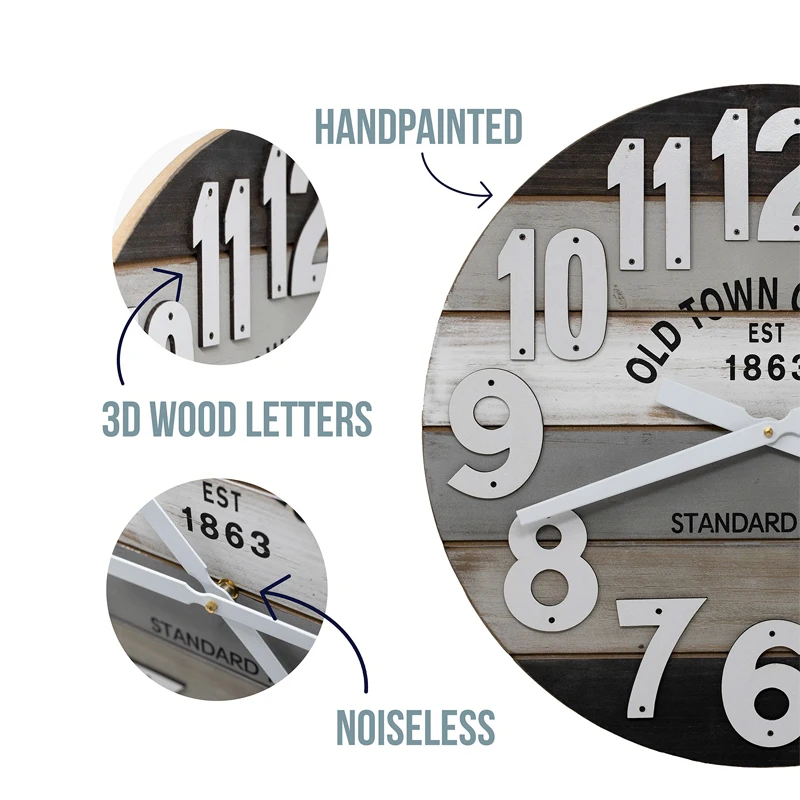 Farmhouse Decor Arabic Numerals Rustic Chic Style Wooden Round  diy wall  word clock