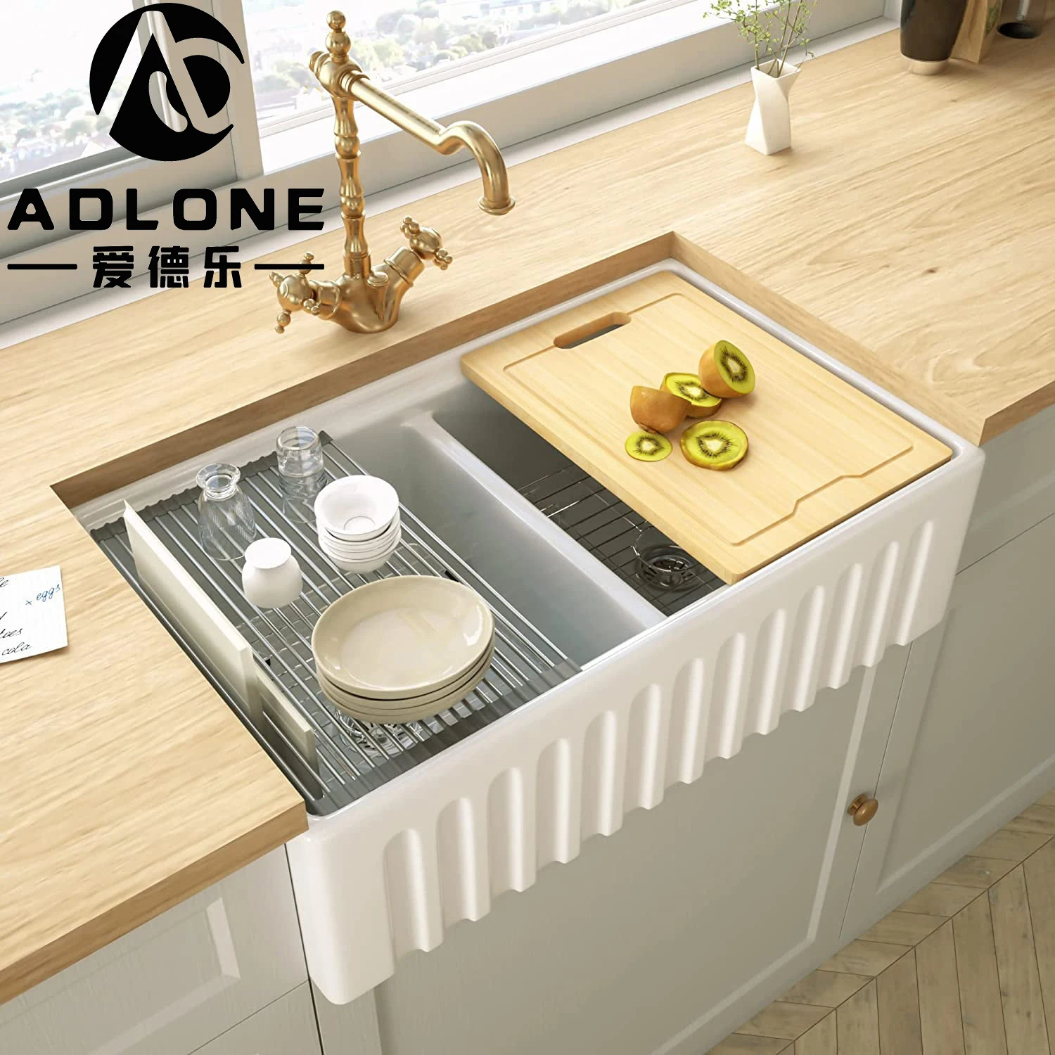 North America 3020f Wholesale Ceramic Deep Farmhouse Large Fluted Double Bowl Kitchen Sink