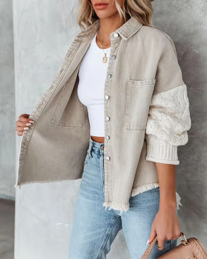 Hot Sale Ladies Solid Color Casual Jackets Loose Pocket Stitched Wool Sleeve Denim Jacket With Pockets