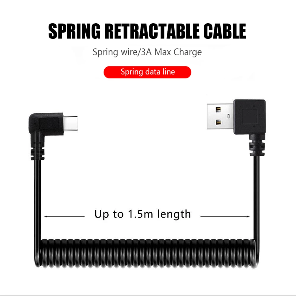 USB Type C выдвижной пружинный кабель, кабель для быстрой зарядки и передачи данных с угловым USB-шнуром, адаптер 3A для Huawei Xiaomi Samsung