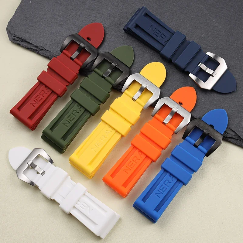 high quality 22 24 26mm black red blue yellow orange rubber watchband for Panerai pin buckle waterproof strap with full logo