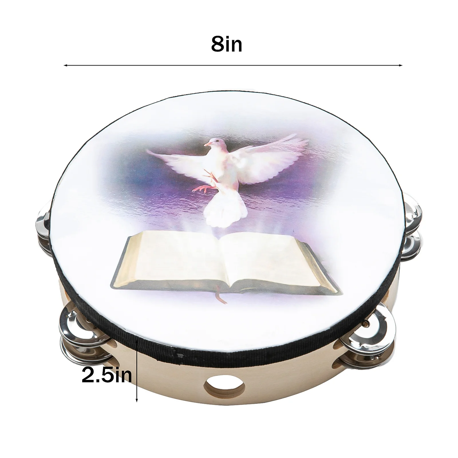 Tambourines 8 inch Dove Bible Double Row Jingle Tambourine for Adults,Handbell Clap Drum Tambourine for Pray Church Party