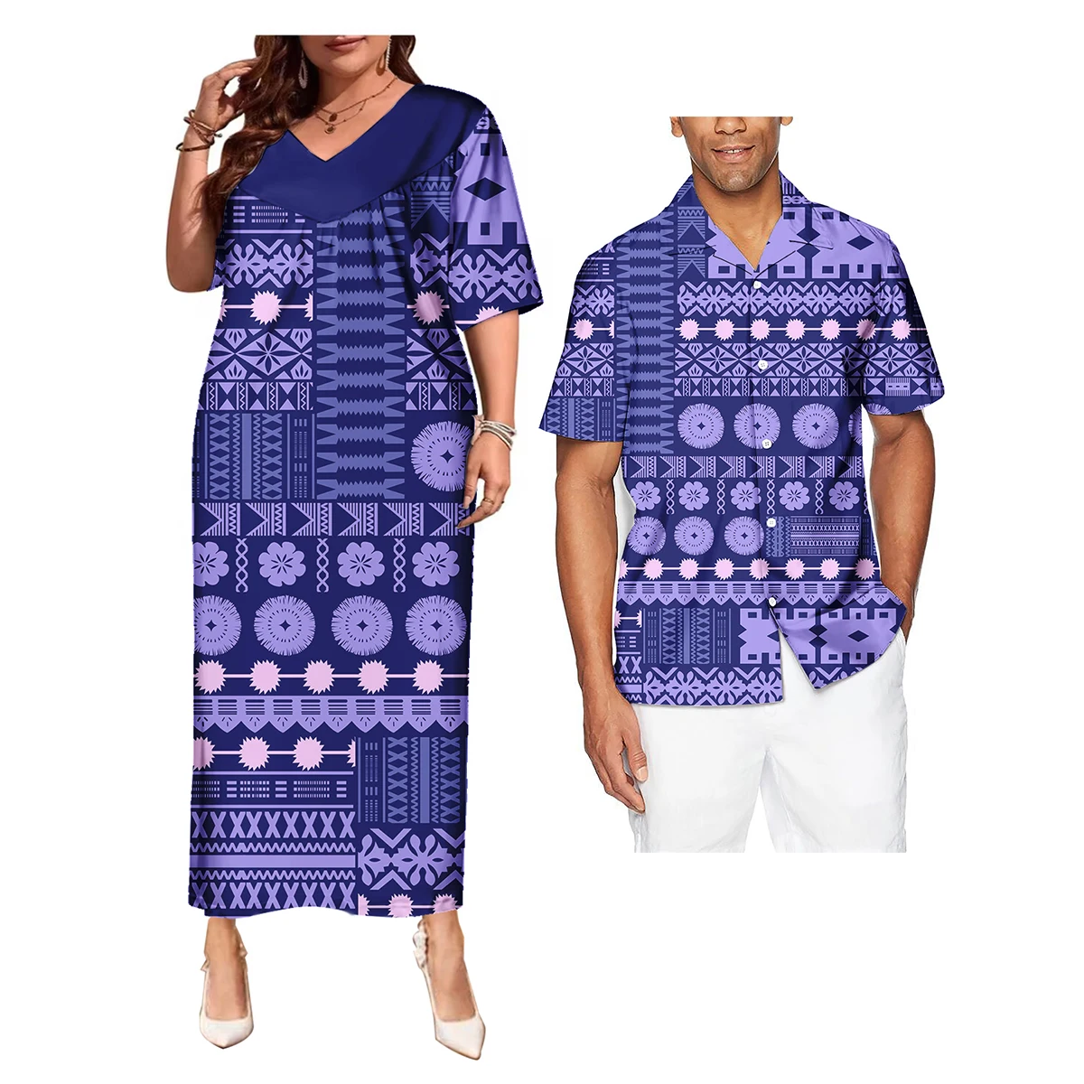 Wholesale Hawaiian Printed Couples Clothing Dress And Shirts Vintage Polynesian Tribal Floral Print Short Sleeve Couple Clothes