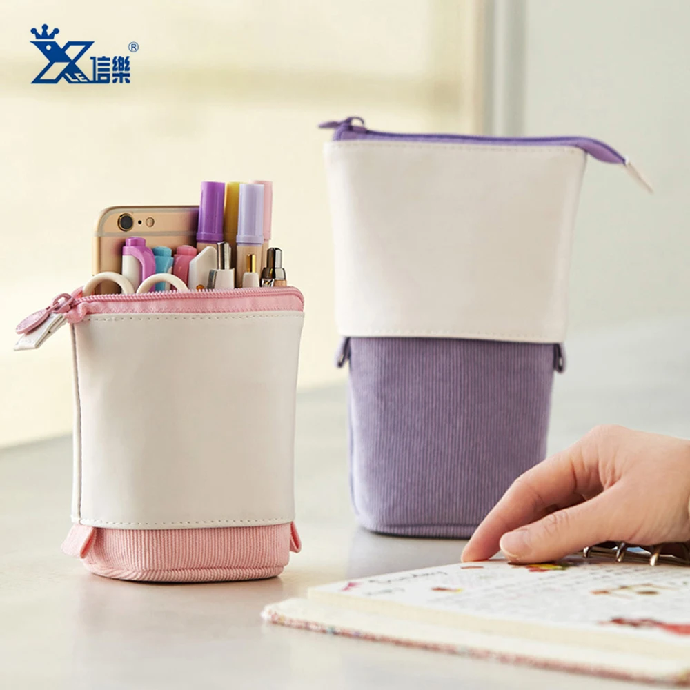 Personalized pink purple blue custom logo portable big capacity pen stationery supplies storage bag zipper Pop Up Pencil Case