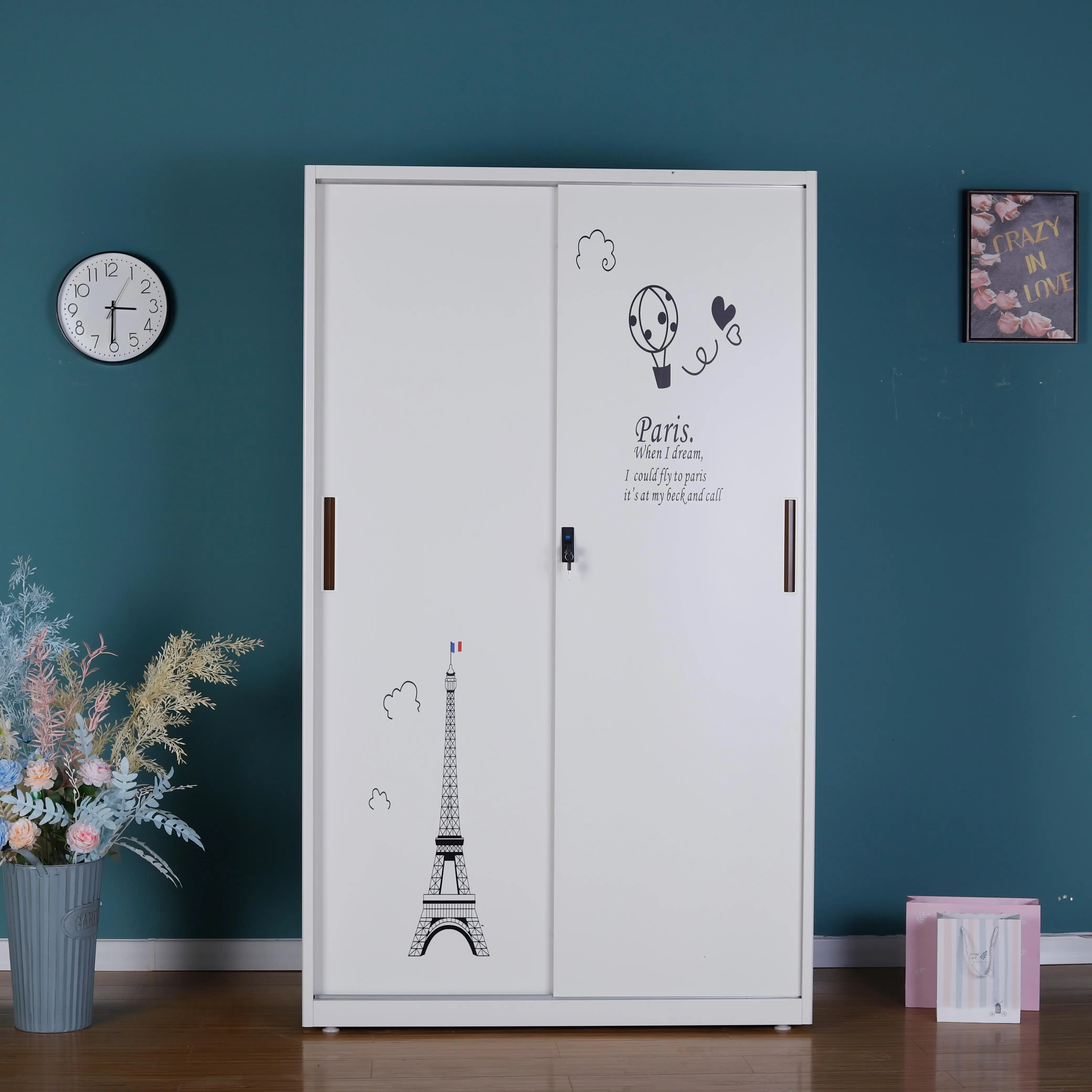 Home Sliding Metal Furniture Bedroom Cheap Lemari Pakaian Closet Cabinet Children Kids Pattern Cloth Baby Wardrobe for Child