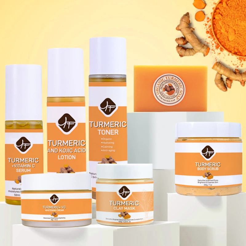 Factory Custom Turmeric Anti-Aging Skin Care Set Facial Care Lotion, Serum, Toner, Scrub, Cream, Mud Mask, Soap