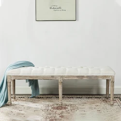 Amazon Hot Sale Vintage Beige Linen Upholstered Solid Wood Bed Shoe Seating Wooden Long Bench Stool Ottoman