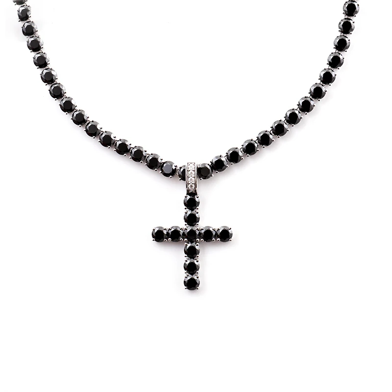 Black Diamond Tennis Chain & Cross Pendant Necklace Ice Out Chain Diamond For Men & Women 4mm Round Cut  Moissanite