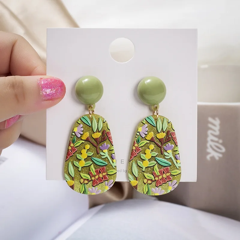 Acrylic Embossed Three-dimensional Printing Pop Element Pattern Flamingo Giraffe Green Leaf Pattern Earrings Women