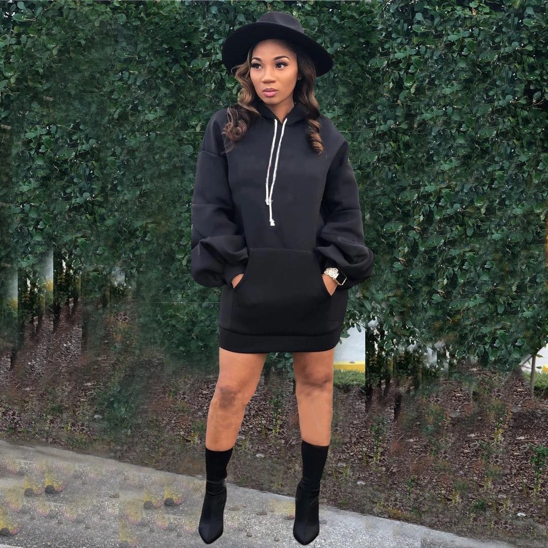 
Bunny BN-A8270 plain hoodie dress with casual loose puff sleeves womens hoodies woman dress 