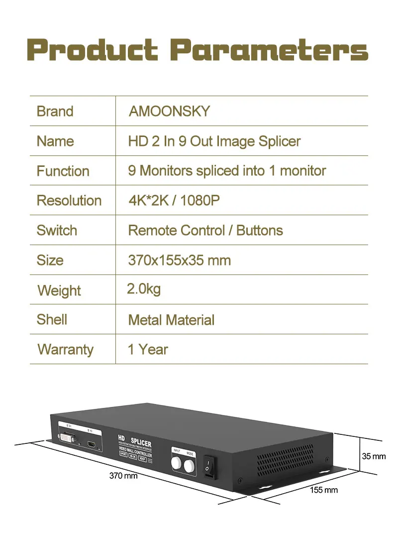 Amoonsky HVS-C9 With HD DVI Singla Inputs For Synchronized 9 Channels OF HD Splicing Spliter Effect With 4K Resolutions And HDCP