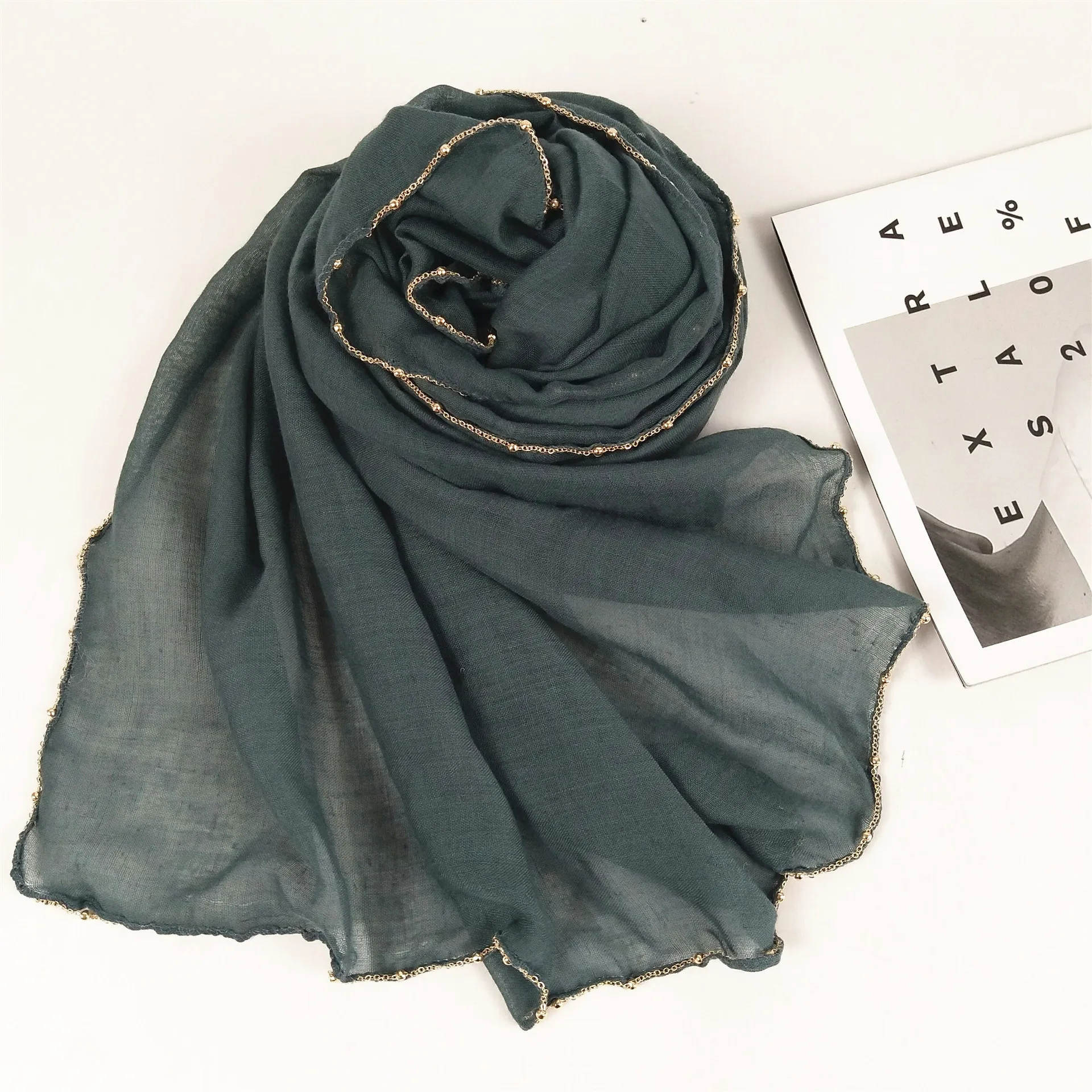 Popular Bling Gold Ball Chain Soft Cotton Hijab Muslim Hijab Shawl Turban Arab Girls chiffon Hijabs