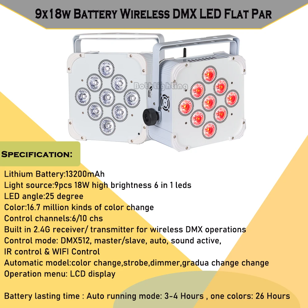 Bothlighting 9*18W Led Battery Wireless Lights RGBWAUV 6in1 Flat Led Par Uplight DJ Event Entertainment
