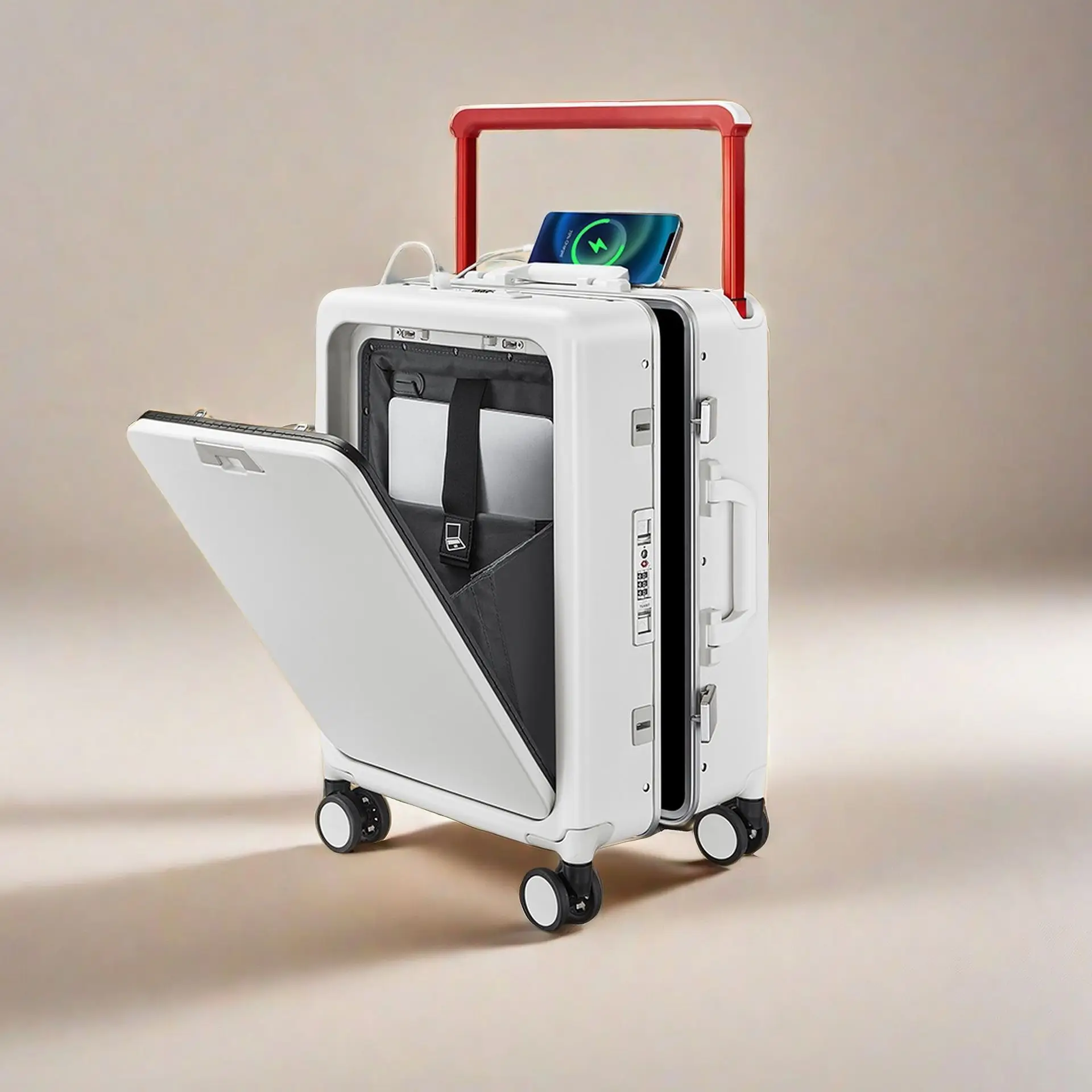 New front opening suitcase universal wheel boarding box multifunctional USB charging wide trolley case,carry on suitcase travel