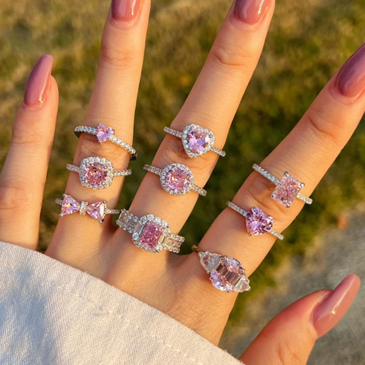 Factory Batch Does Not Fade Niche Design Jewelry S925 Sterling Silver Ring Women Pink 5A Zircon Diamond Ring